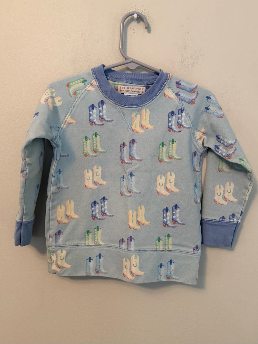 The Beaufort Bonnet Company Light Blue Cowboy Boot Print Crewneck